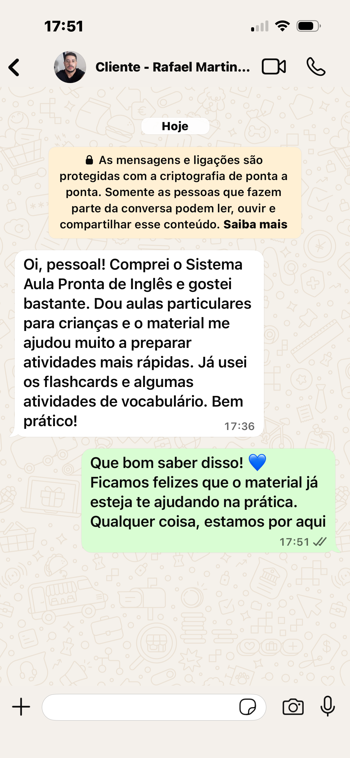 Feedback de cliente sobre materiais de inglês