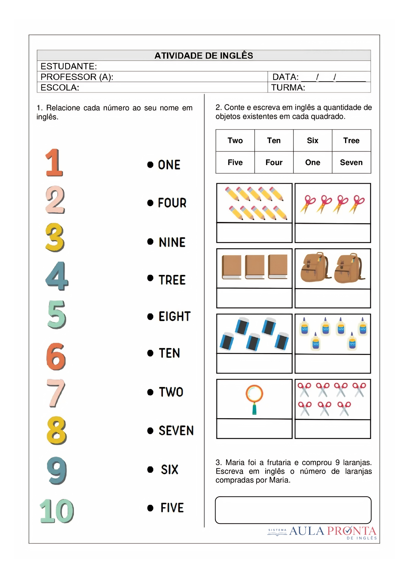 Prova ou atividade impressa de inglês