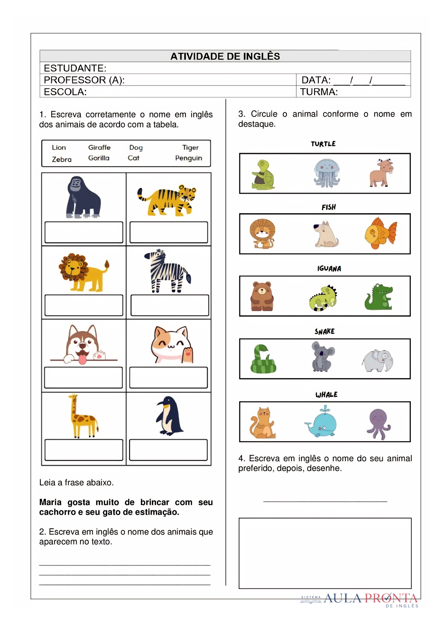 Atividade impressa de inglês
